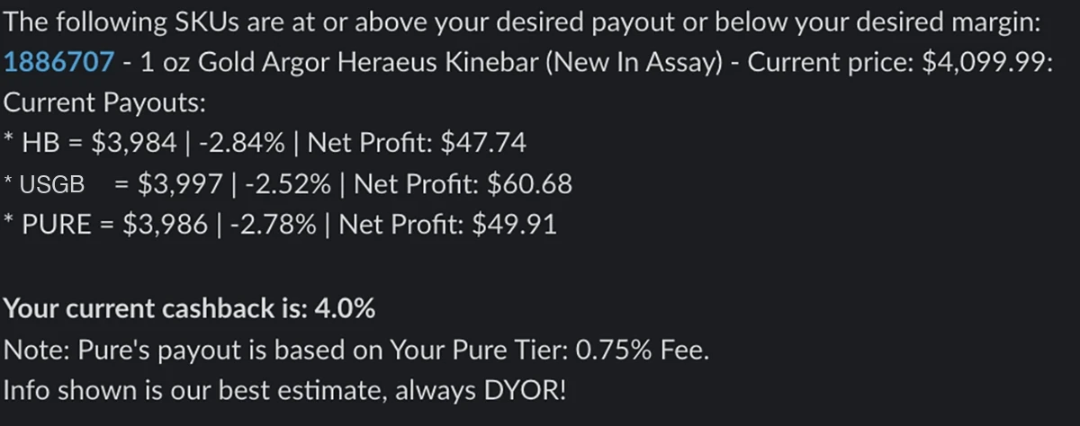 A delivered Costco gold restock alert: the SKUs at or above your desired payout or below your desired margin, listing the Kinebar with its Costco price, three buyer payouts, and the net profit on each.
