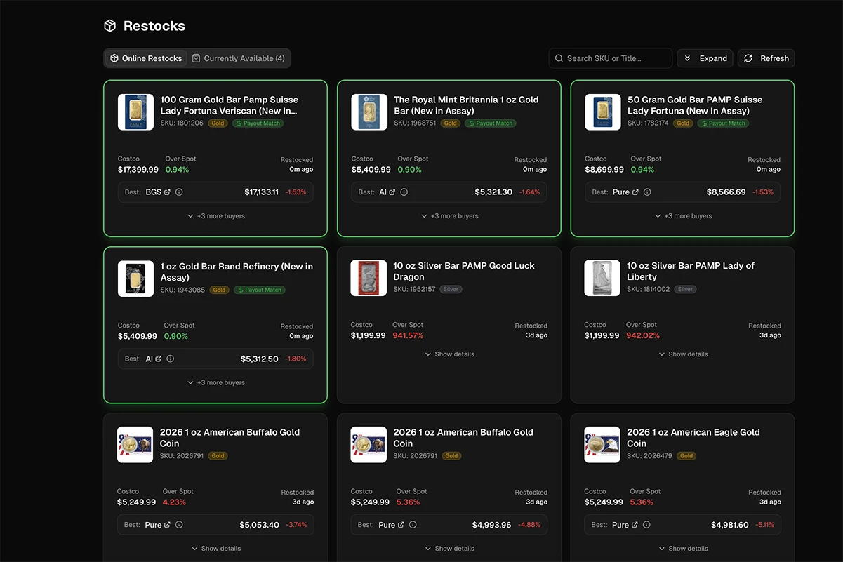 Costco gold restock alerts filtered to payout matches: the Restocks feed with several cards outlined in green and tagged Payout Match, each showing the Costco price, the premium over spot, the best buyer payout and the margin.