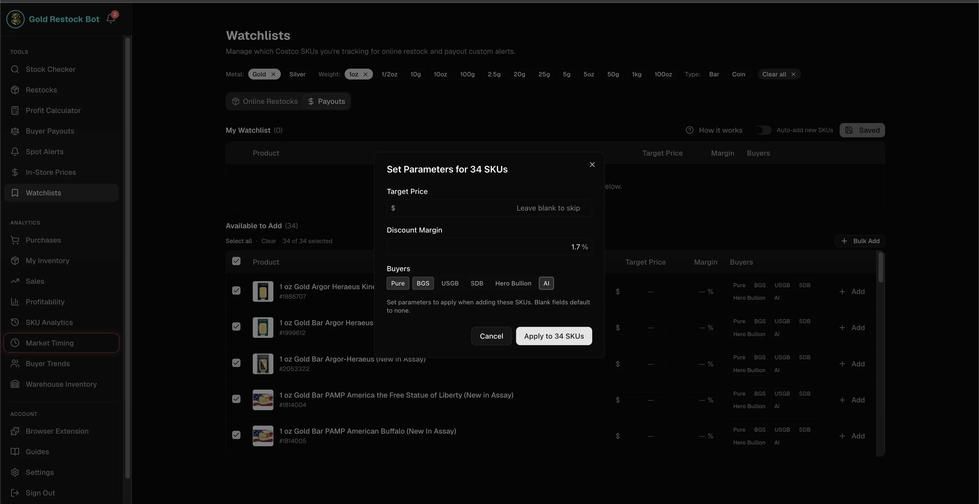 Costco restock alert watchlist setup: the Watchlists page with metal, weight and type filters at the top, and a dialog setting a target price, a discount margin and the buyers to match for 34 selected SKUs.