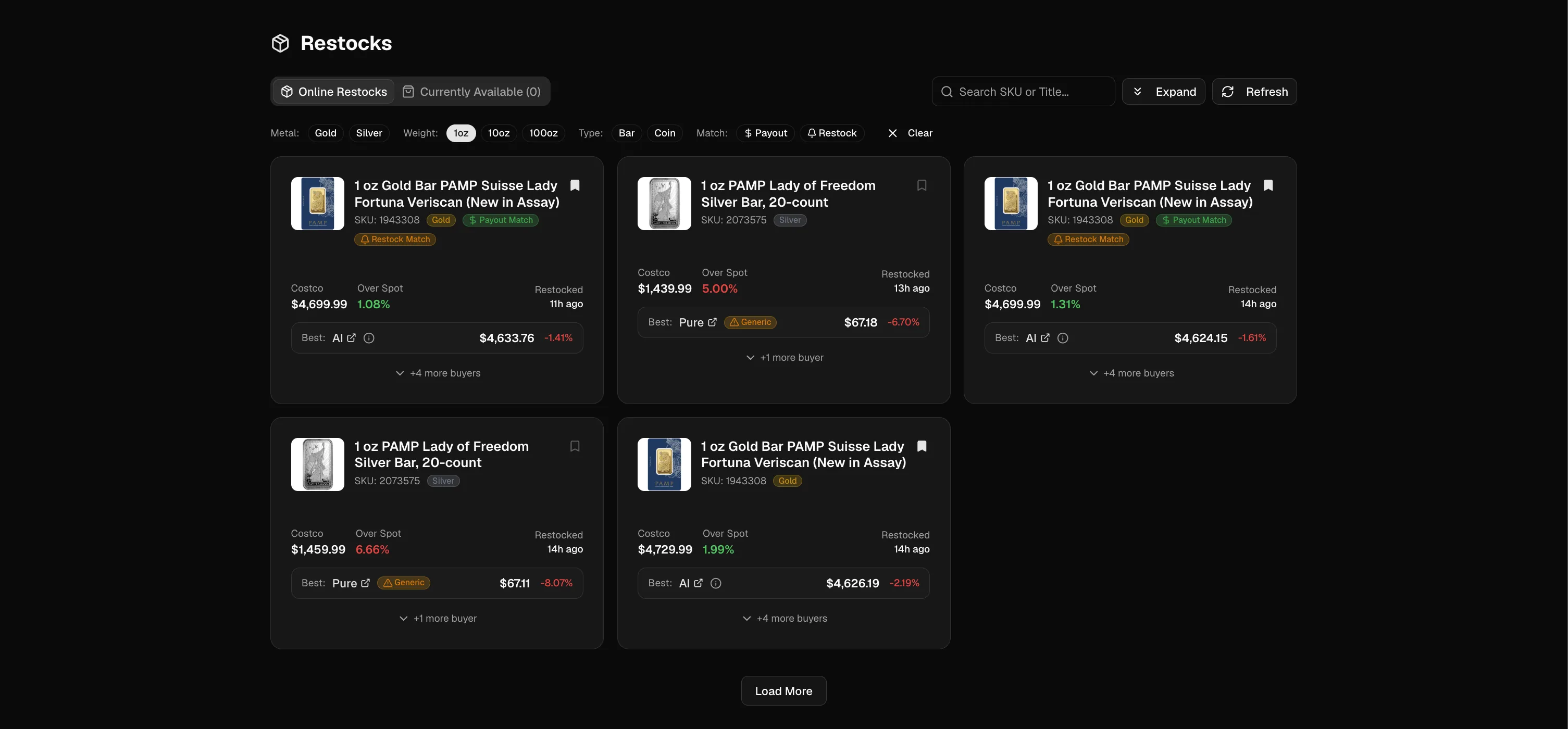 The restock feed, each item tagged Payout Match or Restock Match — the custom alerts that matched your watch list rules