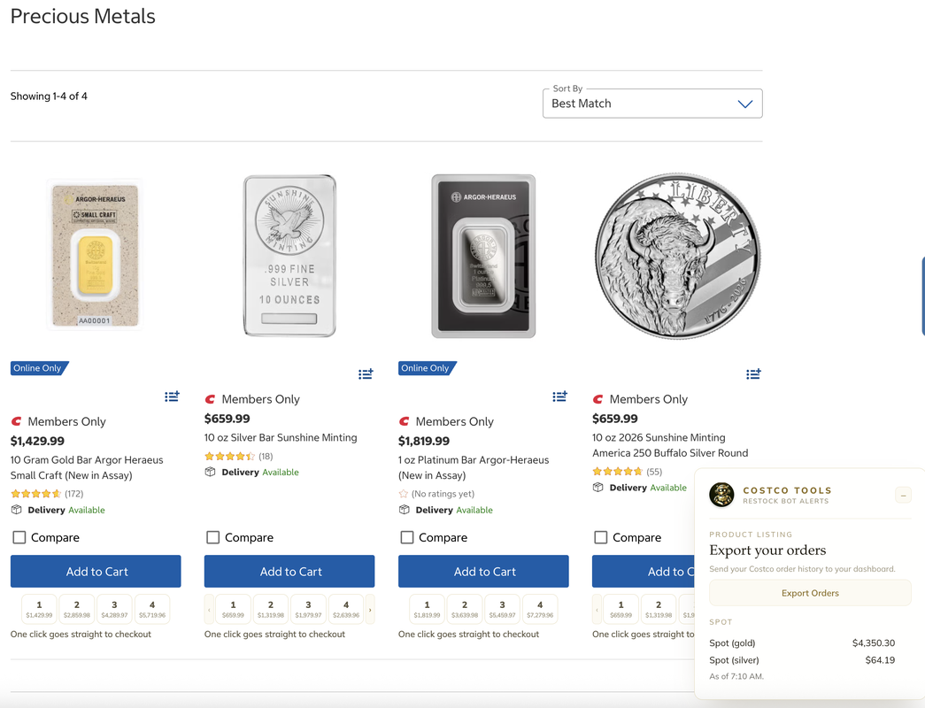 Gold and silver rates on a Costco category page, with a quantity and running total under each item