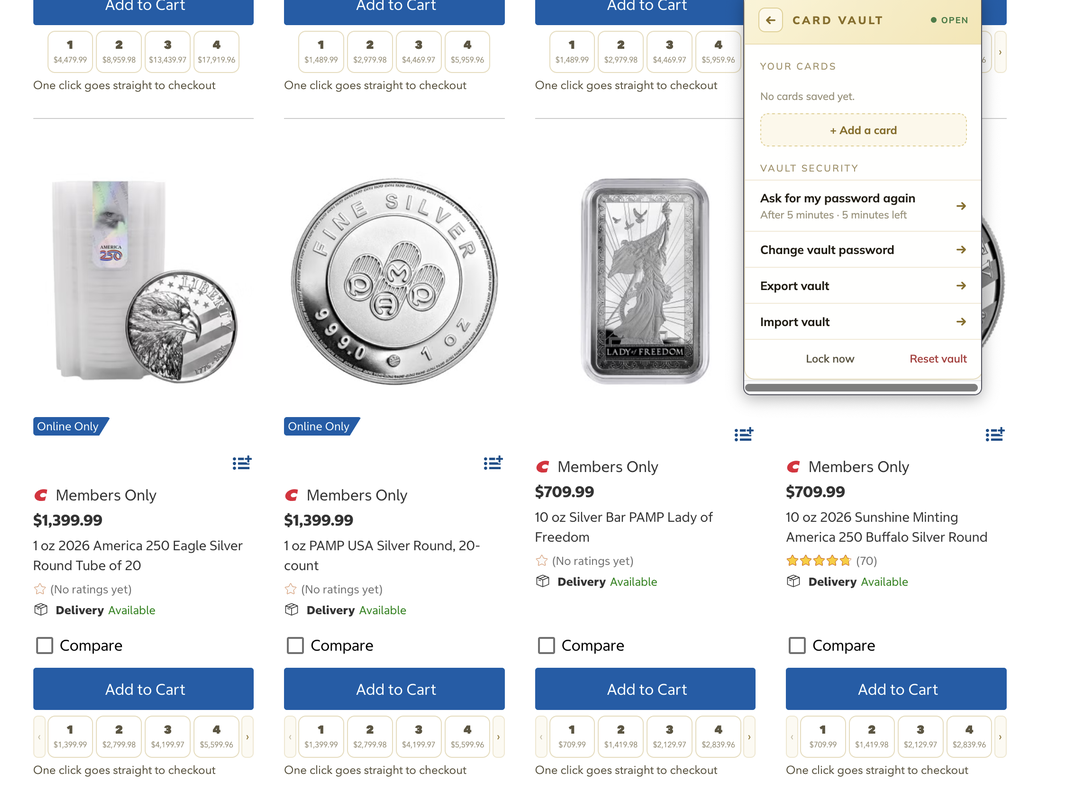 The encrypted card vault, holding the cards you use for Costco orders