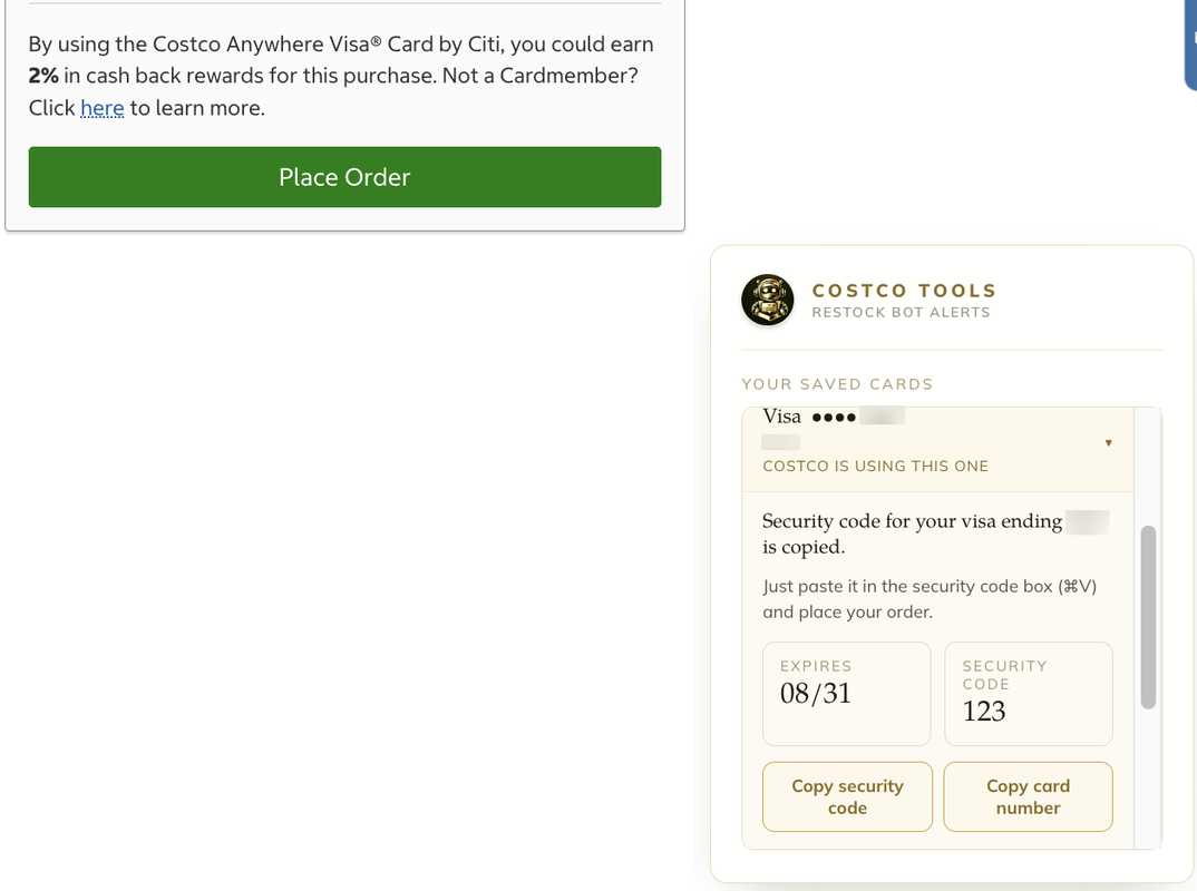 At Costco's checkout, the extension recognises the card on file and copies the security code to your clipboard