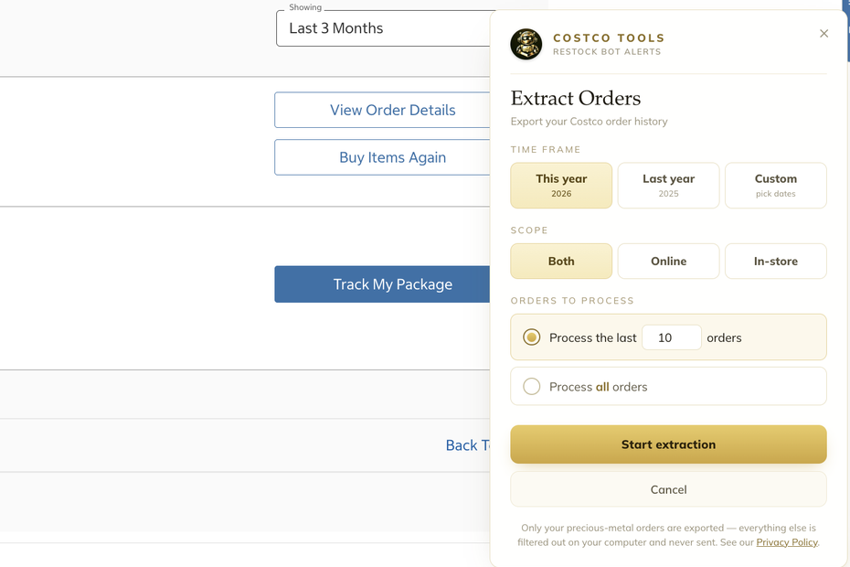 Exporting Costco precious-metal orders to the Restock Bot Alerts dashboard