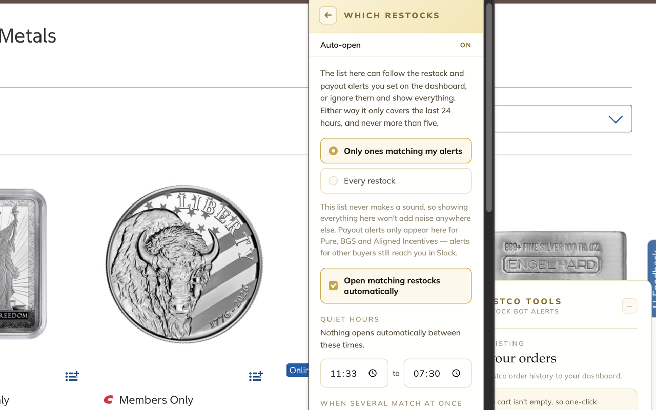 Auto-open settings: which tracked restocks open their own product page, with quiet hours and tab caps