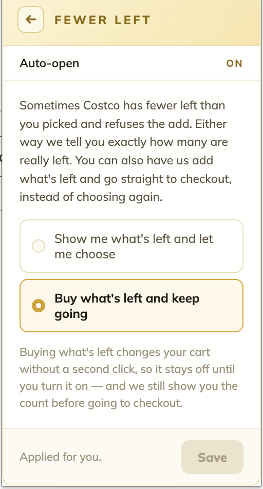 The Fewer Left setting: show me what's left and let me choose, or buy what's left and keep going