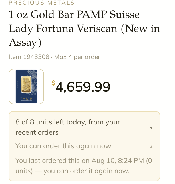 The panel tracking Costco's daily purchase limit: 8 of 8 units left today from your recent orders, and when you can order again